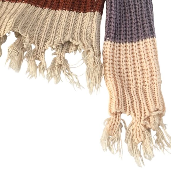 Destructed Sweater Womens  Medium Fringe Chunky Knit Striped Colorblock V-Neck - Picture 9 of 13